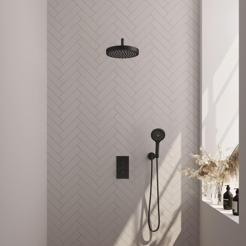 BRAUER Stripe Thermostatique Douche de tête encastrée - 3 voies - rectangulaire - SET 17 - pomme de douche 25cm - bras de fixation mural courbé - douchette 3 positions - flexible de douche - coude mural - noir mat SW1435149