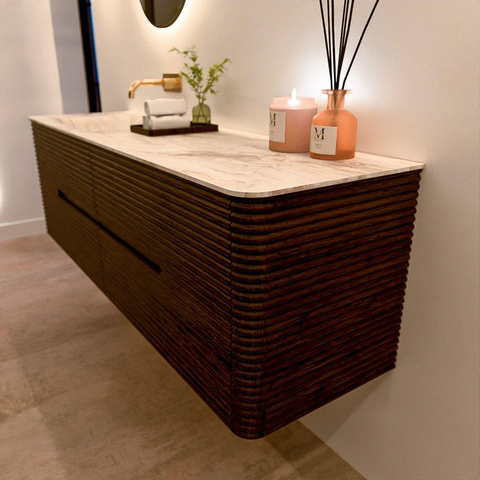 Mondiaz CIRO-DLUX Ensemble de meuble de salle de bains - 160x45x50cm - Plan vasque solid surface Frappe - 1 vasque à gauche - sans trous de robinet - 4 tiroirs - Noyer SW1530208