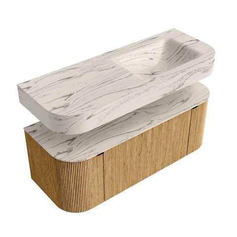 MONDIAZ THOR-DLUX 120cm badmeubel ronding links + rechts kleur Oak met 1 lade en 2 deuren. Vrijhangende wastafel CLOUD Rechts 1 kraangat kleur Nata. SW1463345