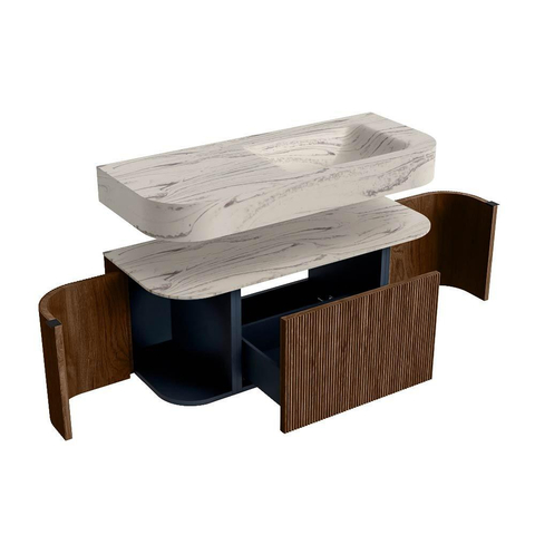 MONDIAZ THOR-DLUX 110cm badmeubel ronding links + rechts kleur Walnut met 1 lade en 2 deuren. Vrijhangende wastafel CLOUD Rechts zonder kraangat kleur Nata. SW1462947