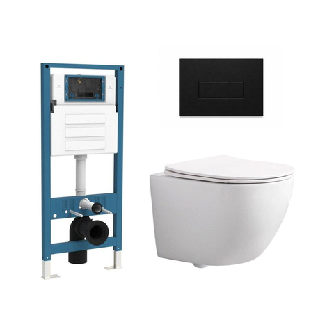 QeramiQ Dely Swirl Compact Toiletset - inbouwreservoir QeramiQ flush - slim zitting - metalen bedieningsplaat mat zwart- rechthoekige knoppen - glans wit SW1590494