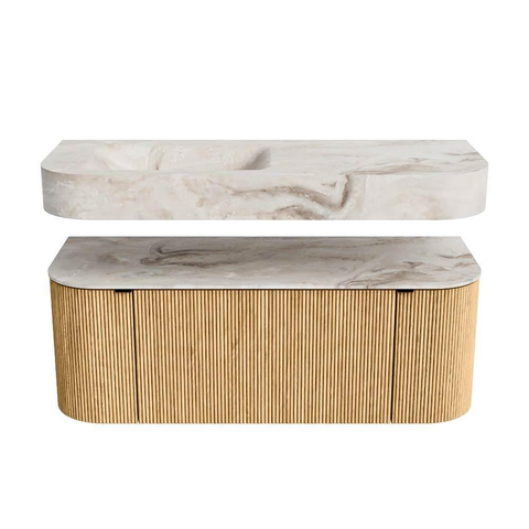 MONDIAZ THOR-DLUX 120cm badmeubel ronding links + rechts kleur Oak met 1 lade en 2 deuren. Vrijhangende wastafel CLOUD Links 1 kraangat kleur Frappe. SW1463064
