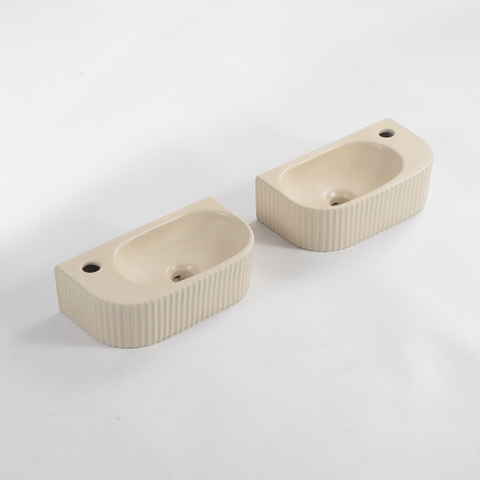 QeramiQ Blend Fontein - 40x22x12cm - Links - Geribbeld - halfrond - 1 kraangat - Keramiek - Beige mat OUTLETSTORE STORE40916
