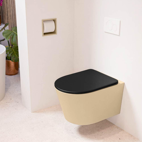Mondiaz LAVIE hangtoilet – spoelrandloos – 36 x 53 cm – met softclose zitting – Sand (beige), zitting Urban (zwart) SW1208752