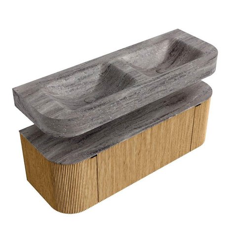 MONDIAZ THOR-DLUX 130cm meuble de salle de bains arrondi gauche + droite couleur Oak avec 1 tiroir et 2 portes. Vasque suspendue CLOUD Double 2 trous de robinet couleur Oza. SW1463989