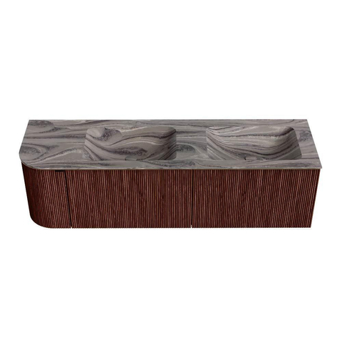 MONDIAZ KURVE-DLUX Meuble de salle de bains 155cm arrondi à gauche couleur Ruby avec 2 tiroirs et 1 porte. Lavabo LEAF Double / Droite sans trou de robinet Sombra. SW1433987