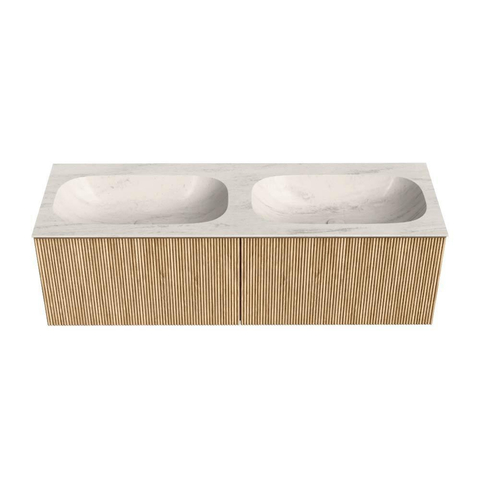 MONDIAZ KURVE-DLUX Meuble de salle de bains 140 cm couleur Oak avec 2 tiroirs et 0 porte. Lavabo STOR SMALL Double 2 trous de robinet Meli. SW1431652