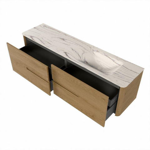 Mondiaz CIRO-DLUX Ensemble de meubles de salle de bains - 180x45x50cm - lavabo solid surface Nata - 1 vasque à droite - sans trous de robinet - 4 tiroirs - Chêne SW1531478