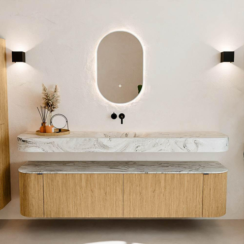 MONDIAZ THOR-DLUX Meuble de salle de bains - 190cm - arrondi gauche + droite - couleur Oak - 2 tiroirs et 2 portes - Vasque suspendue CLOUD Milieu sans trou de robinet - couleur Glace SW1466353