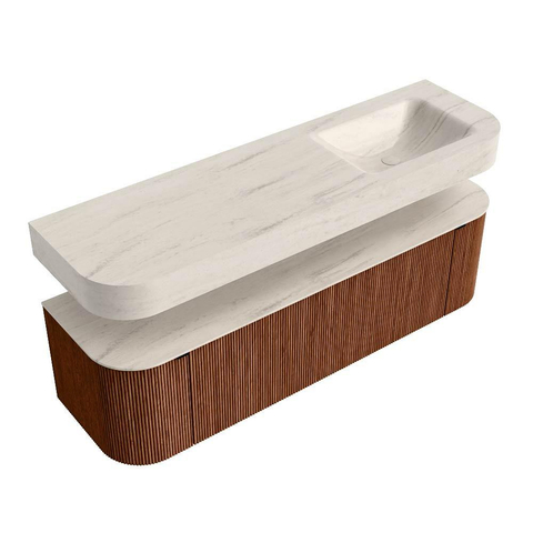 MONDIAZ THOR-DLUX 160cm meuble de salle de bains arrondi gauche + droite couleur Ruby avec 1 tiroir et 2 portes. Vasque suspendue CLOUD Droite sans trou de robinet couleur Meli. SW1465158