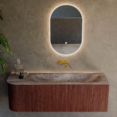 MONDIAZ KURVE-DLUX 135cm meuble de salle de bains arrondi Gauche couleur Ruby avec 1 tiroir et 1 porte. Lavabo BIG MEDIUM Droite sans trou de robinet Oza. SW1432797