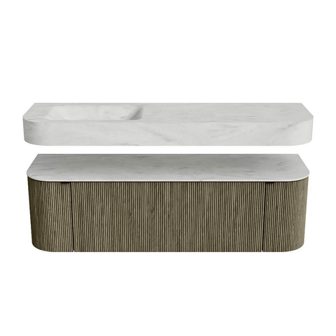 MONDIAZ THOR-DLUX 150cm badmeubel ronding links + rechts kleur Shadow met 1 lade en 2 deuren. Vrijhangende wastafel CLOUD Links 1 kraangat kleur Opalo. SW1464715