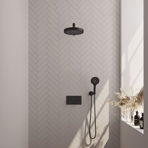 BRAUER Stripe Douche de tête thermostatique encastrée - boutons-poussoirs - SET 28 - pomme de douche 25cm - bras mural droit - douchette 3 positions - flexible de douche - coude mural - noir mat SW1435156