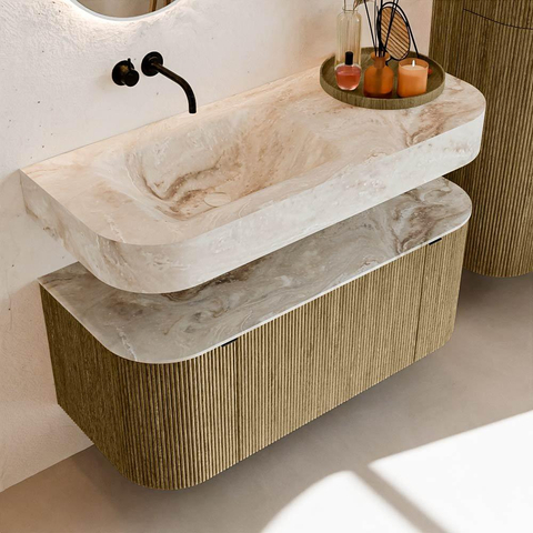 MONDIAZ THOR-DLUX Meuble de salle de bains 110cm arrondi gauche + droite couleur Dusk avec 1 tiroir et 2 portes. Vasque suspendue CLOUD Gauche sans trou de robinet couleur Frappe. SW1462807