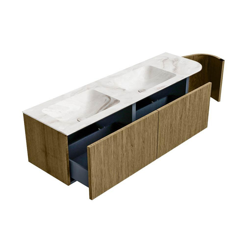 Mondiaz KURVE-DLUX Badkamermeubelset - 155x46x40cm - 2 lade - 1 deur - wastafel solid surface - dubbel / links - 2 kraangaten - Dusk SW1415021