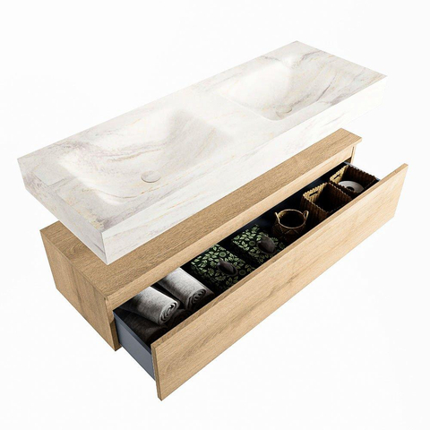Mondiaz ALAN-DLUX Ensemble de meuble - 130cm - meuble Washed Oak mat - 1 tiroir - Lavabo Cloud Ostra suspendu - vasque Gauche et droite - 0 trous de robinet SW809030