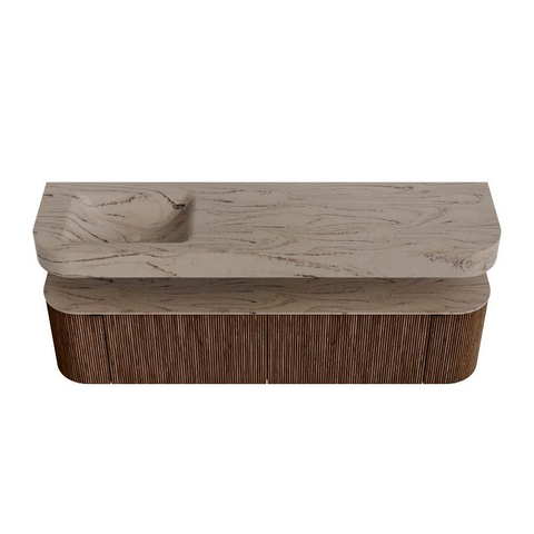 MONDIAZ THOR-DLUX 180cm badmeubel ronding links + rechts kleur Walnut met 2 lades en 2 deuren. Vrijhangende wastafel CLOUD Links zonder kraangat kleur Arena. SW1466110