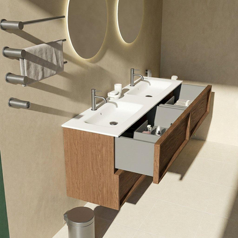 Saniclass Holz Frame Badkamermeubelset - 160x45x61.5cm - Flow solid surface wastafel wit - 2 wasbakken - 2 kraangaten - 4 lades - mat walnut pure (hout) SW1579794