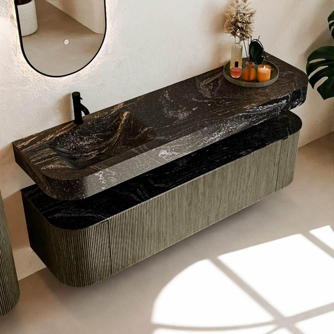 MONDIAZ THOR-DLUX Meuble de salle de bains 170cm arrondi gauche + droite couleur Shadow avec 1 tiroir et 2 portes. Vasque suspendue CLOUD Gauche 1 trou de robinet couleur Lava. SW1465522