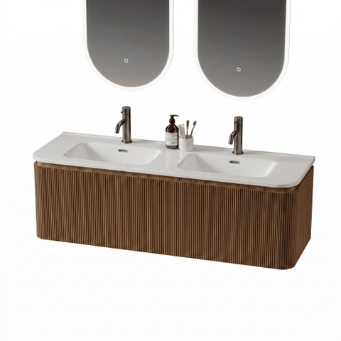 Royal Plaza Terra Edge Ensemble meuble de salle de bains - 140x45.5x46cm - vasque en céramique blanc brillant - 2 vasques - 2 trous de robinetterie - 2 tiroirs - sandwood (chêne clair) SW1471944