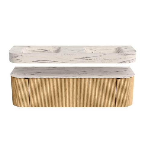 MONDIAZ THOR-DLUX 160cm badmeubel ronding links + rechts kleur Oak met 1 lade en 2 deuren. Vrijhangende wastafel CLOUD Dubbel zonder kraangat kleur Nata. SW1465252