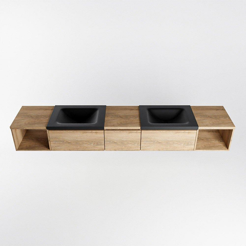 MONDIAZ BUKLA 240cm ensemble de meuble avec module ouvert 40 L+R couleur Chêne blanchi avec 3 tiroirs. Lavabo CLOUD double 0 trou de robinet couleur Urbain. SW1382215