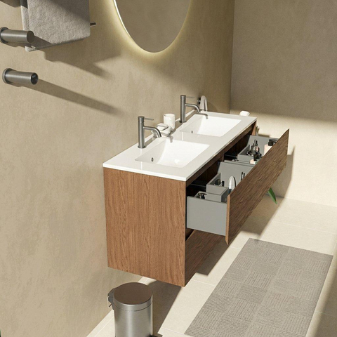 Saniclass Holz Pure Badkamermeubelset - 120x45x62cm - Vygo keramische wastafel wit - 2 wasbakken - 2 kraangaten - 4 lades - mat walnut pure (hout) SW1441854