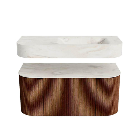 MONDIAZ THOR-DLUX 100cm meuble de salle de bains arrondi gauche + droite couleur Ruby avec 1 tiroir et 2 portes. Vasque suspendue CLOUD Droite sans trou de robinet couleur Ostra. SW1467431