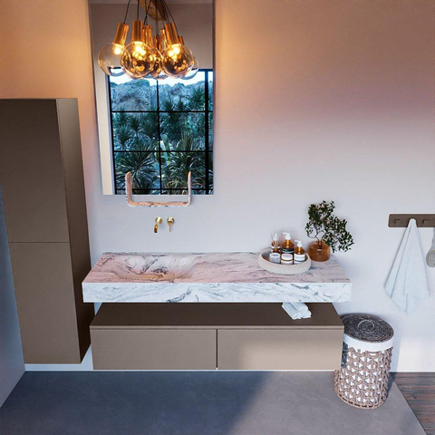 Mondiaz ALAN-DLUX Ensemble de meuble - 150cm - meuble Smoke mat - 2 tiroirs - Lavabo Cloud Glace suspendu - vasque Gauche - 0 trous de robinet SW804907