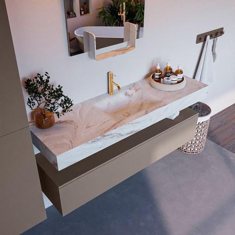 Mondiaz ALAN-DLUX Ensemble de meuble - 150cm - meuble Smoke mat - 1 tiroir - Lavabo Cloud Frappe suspendu - vasque Centre - 1 trou de robinet SW805585