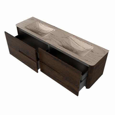Mondiaz CIRO-DLUX Badkamermeubelset - 170x45x50cm - Solid surface wastafel Arena - 2 wasbak Dubbel - zonder kraangaten - 4 lades - Walnut SW1530498