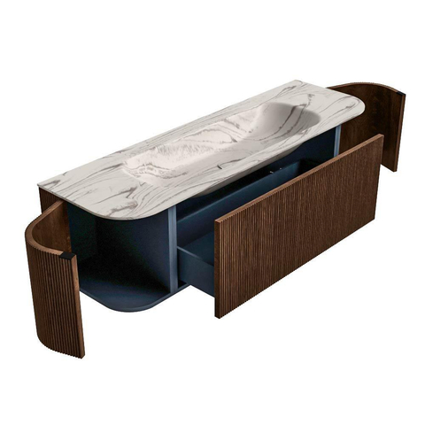 MONDIAZ KURVE-DLUX meuble de salle de bains 150 cm arrondi gauche + droite couleur Walnut avec 1 tiroir et 2 portes. Lavabo BIG MEDIUM central 1 trou de robinet Nata. SW1434031
