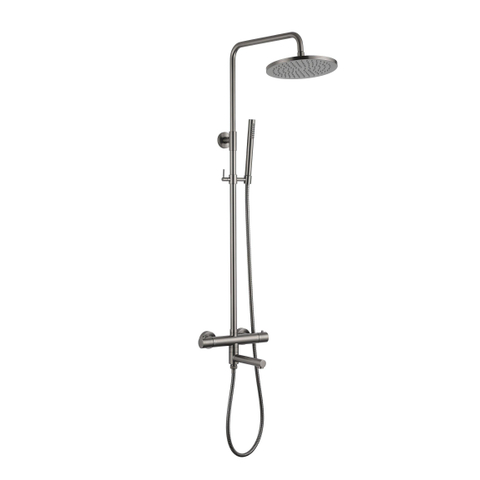 Fortifura Calvi Regendoucheset - thermostatisch - 25cm hoofddouche - metalen slang - staaf handdouche - draaibare baduitloop - Geborsteld Gunmetal PVD SW1592507