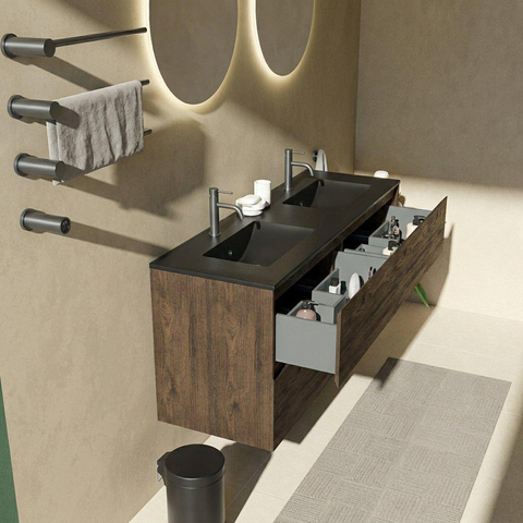 Saniclass Holz Pure Badkamermeubelset - 140x45x62cm - Vygo keramische wastafel zwart - 2 wasbakken - 2 kraangaten - 4 lades - mat eiken charcoal (hout) SW1479014