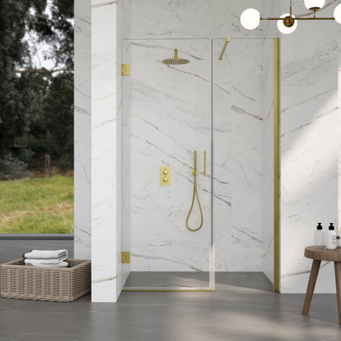 FugaFlow Eccelente Vetro Cabine de Douche - 100x120x200cm - charnières - poignée de porte - barre de stabilisation - plat - verre de sécurité clair - Laiton Brossé PVD (Or) SW1222649