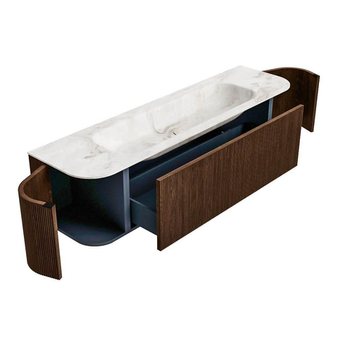 MONDIAZ KURVE-DLUX 170cm badmeubel met module 25 Len R kleur Walnut met 1 lade en 2 deuren. Wastafel BIG LARGE midden zonder kraangat kleur Frappe. SW1137468