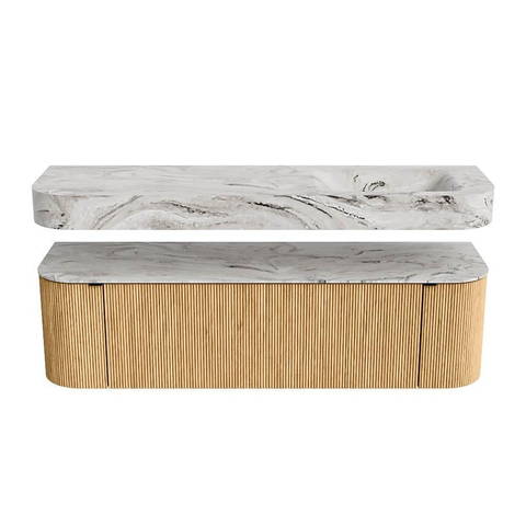 MONDIAZ THOR-DLUX 160cm badmeubel ronding links + rechts kleur Oak met 1 lade en 2 deuren. Vrijhangende wastafel CLOUD Rechts zonder kraangat kleur Glace. SW1464939