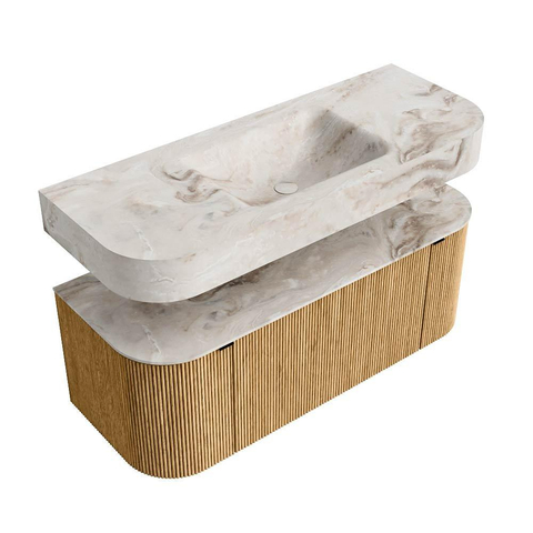 MONDIAZ THOR-DLUX Meuble de salle de bains - 120cm - arrondi gauche + droite - couleur Oak - 1 tiroir - 2 portes - Vasque suspendue CLOUD Milieu 1 trou de robinet couleur Frappe SW1463038