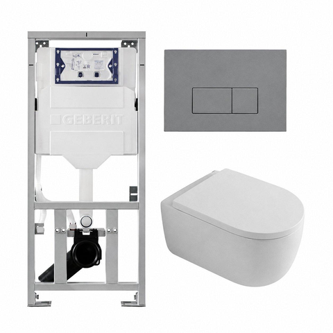 QeramiQ Dely Swirl Toiletset - 36.3x51.7cm - Geberit UP320 inbouwreservoir - met Burda frame - 35mm zitting - bedieningsplaat licht grijs - rechthoekige knoppen - glans wit SW1164404