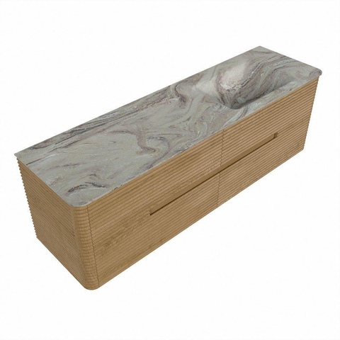 Mondiaz CIRO-DLUX Meuble de salle de bains - 160x45x50cm - Plan vasque solid surface Glace - 1 vasque à droite - 1 trou de robinetterie - 4 tiroirs - Chêne SW1530827