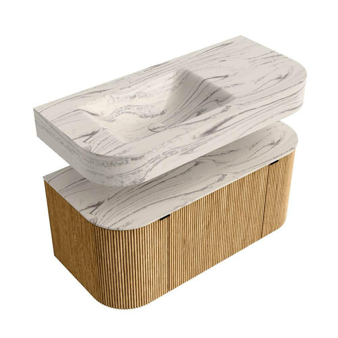 MONDIAZ THOR-DLUX 100cm meuble de salle de bains arrondi gauche + droite couleur Oak avec 1 tiroir et 2 portes. Vasque suspendue CLOUD Gauche sans trou de robinet couleur Nata. SW1467499