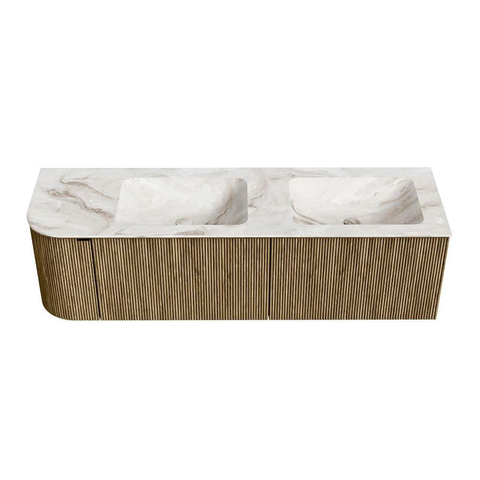 Mondiaz KURVE-DLUX Badkamermeubelset - 155x46x40cm - 2 lade - 1 deur - wastafel solid surface - dubbel / rechts - 2 kraangaten - Dusk SW1415036