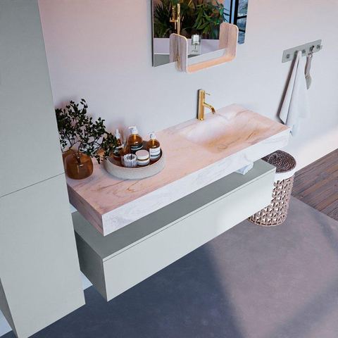 Mondiaz ALAN-DLUX Ensemble de meuble - 130cm - meuble - Clay mat - 1 tiroir - Lavabo Cloud Ostra suspendu - vasque droite - 1 trou de robinet - Beige SW807800