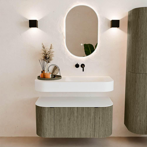 MONDIAZ THOR 100cm meuble de salle de bains arrondi gauche + droite couleur Shadow avec 1 tiroir et 2 portes. Vasque suspendue CLOUD Droite sans trou de robinet couleur Talc. SW1467440