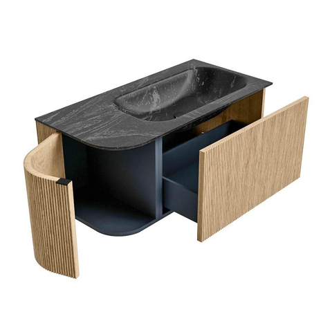 MONDIAZ KURVE-DLUX Meuble de salle de bains 95 cm avec module 25 L couleur Chêne avec 1 tiroir et 1 porte. Lavabo BIG SMALL à droite sans trou de robinet couleur Lava. SW1138149