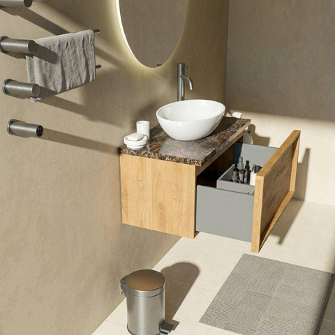 Saniclass Holz Frame Badkamermeubelset - 80x45x43cm - Noche natuurstenen topblad dark emperador - 1 kraangat - 1 lade - mat eiken natural (hout) SW1478268