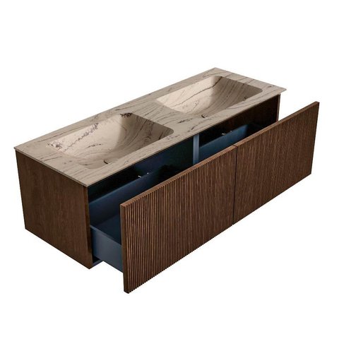 MONDIAZ KURVE-DLUX 130cm badmeubel kleur Walnut met 2 lades en 0 deuren. Wastafel LEAF Dubbel zonder kraangat Arena. SW1431253