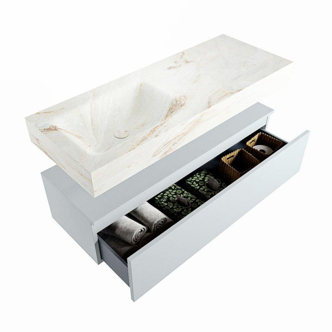 Mondiaz ALAN-DLUX Ensemble de meuble - 120cm - meuble Clay mat - 1 tiroir - Lavabo Cloud Frappe suspendu - vasque Gauche - 0 trous de robinet SW805031