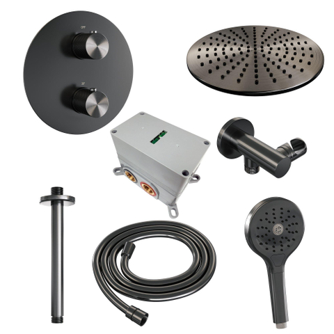 BRAUER Gunmetal Carving ensemble de douche pluie encastré – douche de tête Ø 30 cm – bras de plafond 30 cm – douchette ronde – 3 voies SW1159115