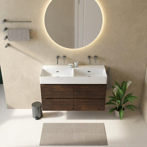 Saniclass Holz Atelier Ensemble de meubles de salle de bains - 120x45x72cm - Legend lavabo en céramique blanc - 2 vasques - sans trous de robinetterie - 2 tiroirs - chêne charcoal mat (bois) SW1478507